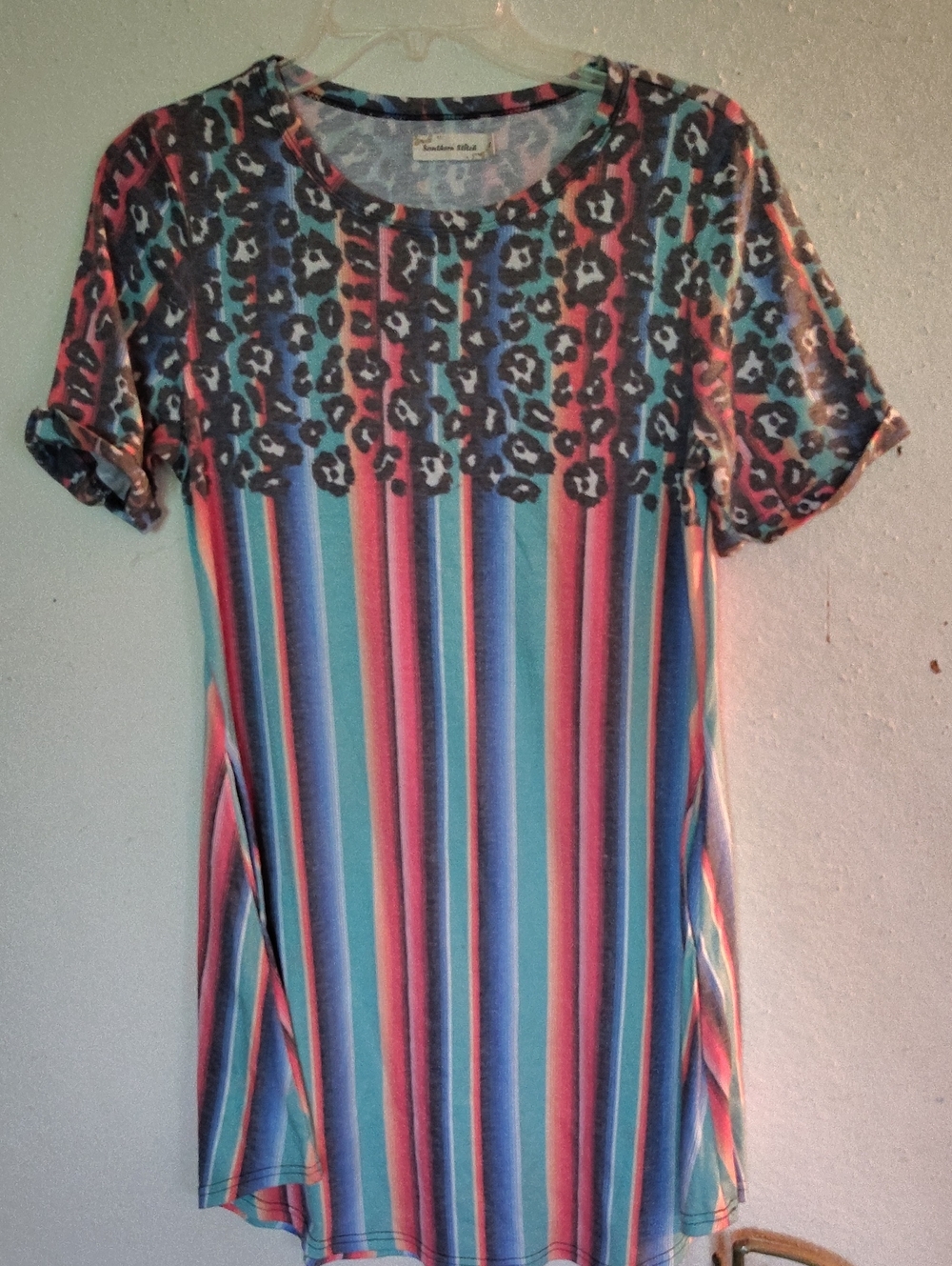 Round-Neck Midi Dress with Multi-Color Stripes and Leopard Yoke